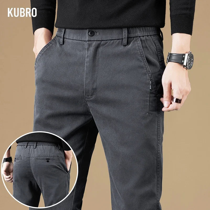 KUBRO Autumn Winter New Soft Cotton Fabric Casual Pants Men Thick Business Slim Fit Brand Clothing Korea Fashion Trousers Male