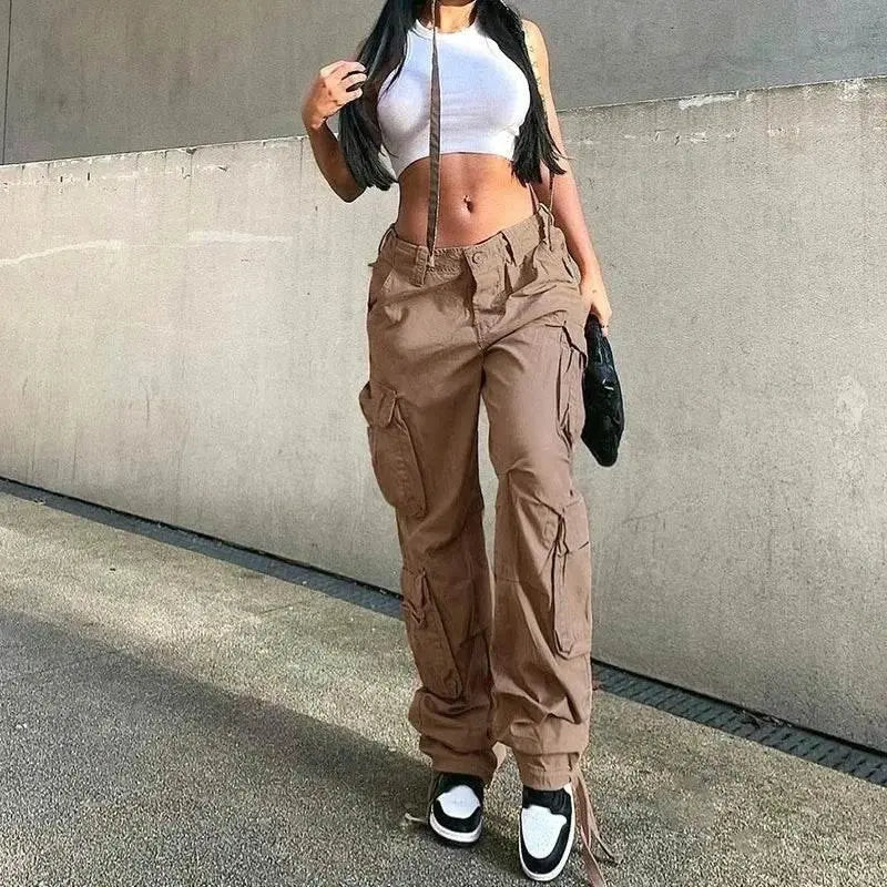 Autumn/Winter New Womens Cargo Straight Trousers High Waist Loose Wide Leg Vintage Dad Jeans for Women - ACHETE LTD