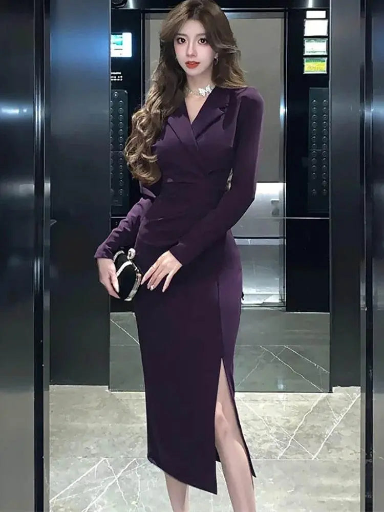 Purpled Elegant Pleated Bodycon Suit Dress for Women 2024 Korean Fashion Formal Dress Autumn Winter Chic Bespoke Occasion Dress - ACHETE LTD