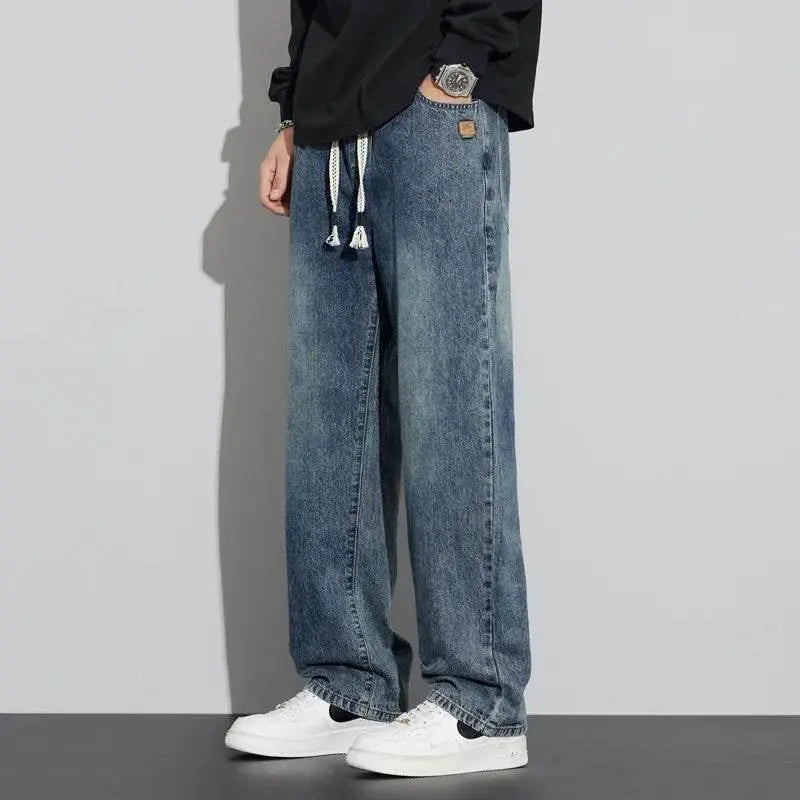 Men's regular fit straight leg jeans casual drawstring elastic waist denim pants lightweight carpenter Jean - ACHETE LTD