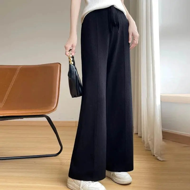 Wide Leg Pants For Women Fashion Leisure Loose High Waist Elastic Solid Color Knitting Trousers Autumn/Winter 2024 New Trousers - ACHETE LTD