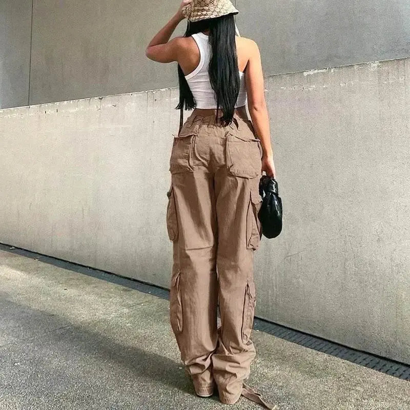 Autumn/Winter New Womens Cargo Straight Trousers High Waist Loose Wide Leg Vintage Dad Jeans for Women - ACHETE LTD