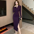 Purpled Elegant Pleated Bodycon Suit Dress for Women 2024 Korean Fashion Formal Dress Autumn Winter Chic Bespoke Occasion Dress - ACHETE LTD
