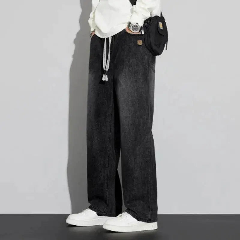 Men's regular fit straight leg jeans casual drawstring elastic waist denim pants lightweight carpenter Jean - ACHETE LTD