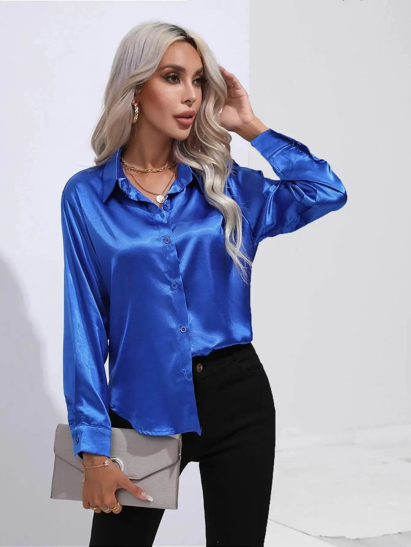 Spring Satin Shirt Women Loose Button Up Blouse Shirt Ladies Imitation Silk Long Sleeve Shirt For Women - ACHETE LTD