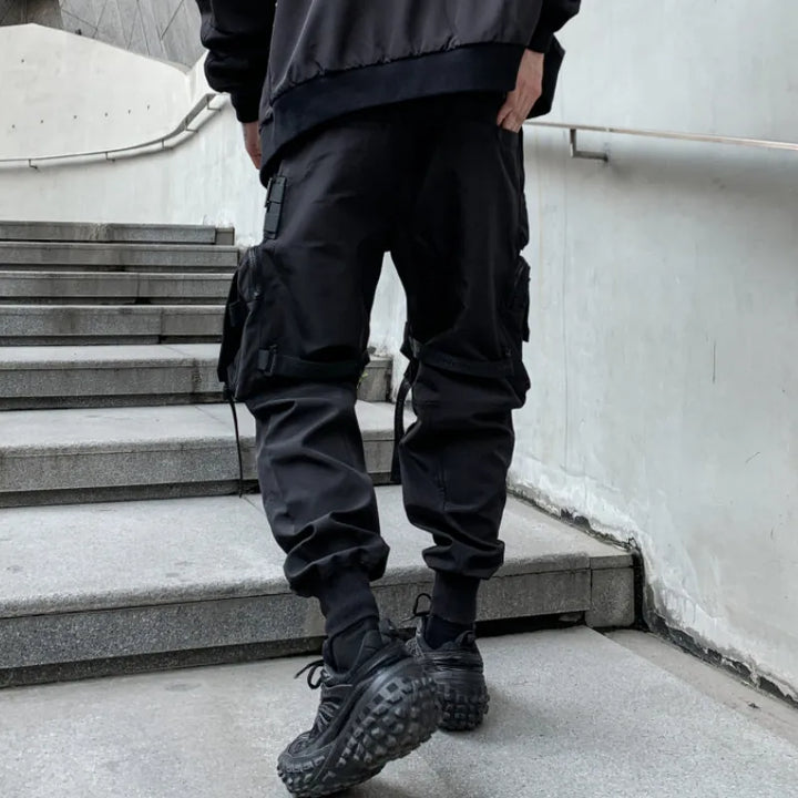 Multi-pockets Ribbons Bandage Tactical Techwear Cargo Pants Mens Harajuku Punk Hip Hop Joggers Pantalons Casual Streetwear