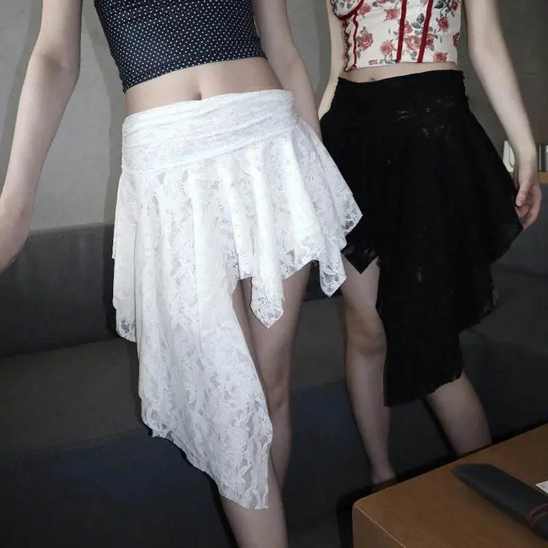 Rapcopter Y2K Lace Pleated Skirts Asymmetrical Vintage Lace Holiday Skirts Women Korean Grunge Aesthteic Skirts Fashion Clothes - ACHETE LTD