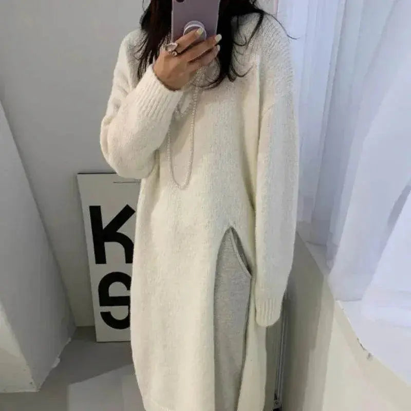 Winter Women Knitted Dress y2k V Neck Sexy Slim Elastic Oversized Basic Bodycon Sweater Dress Winter knit Autumn Warm Long Dress - ACHETE LTD