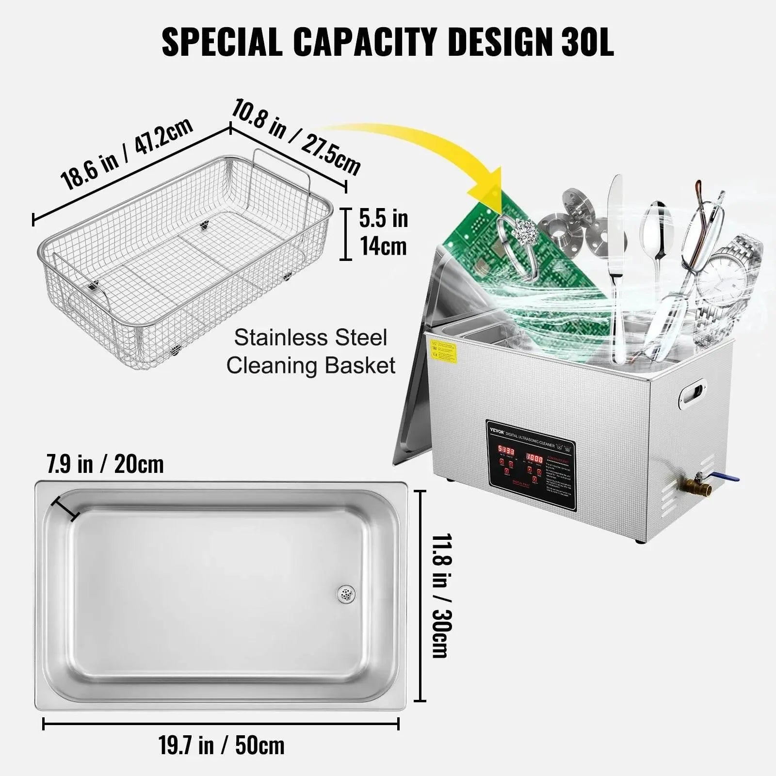 VEVOR Ultrasonic Cleaner w/ Digital Timer & Heater,Professional Ultra Sonic Jewelry Cleaner,Stainless Steel Heated Clean Machine - ACHETE LTD