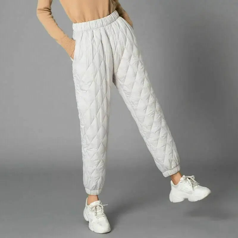 Women Winter Warm Down Cotton Pants Padded Quilted Trousers Elastic Waist Casual Trousers - ACHETE LTD