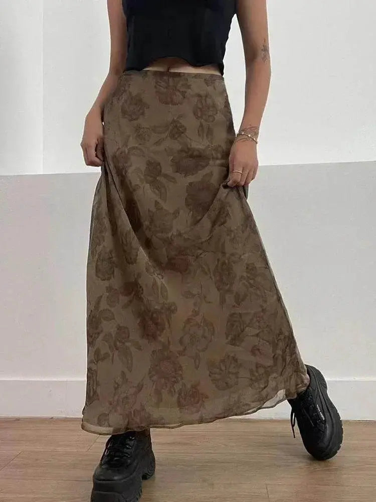 Y2K Floral Midi Skirts Vintage Fairycore Grunge Pleated Skirts Women Holiday Bohemian Long Skirts Harajuku Korean Chic - ACHETE LTD