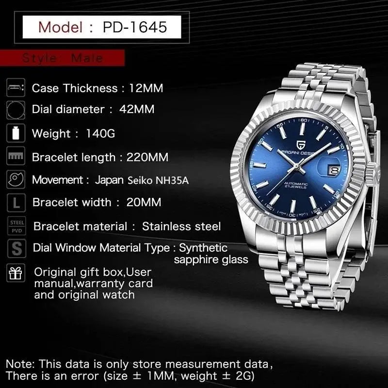 PAGANI DESIGN Men Mechanical Watch Luxury Automatic Watch Sport Stainless Steel 100M Waterproof Watch for Men - ACHETE LTD