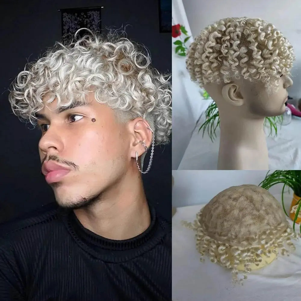 Kinky Curly Human Hair Toupee for Men Hairpiece Full Lace European Real Human Hair 10x8Inch 60# White Color - ACHETE LTD