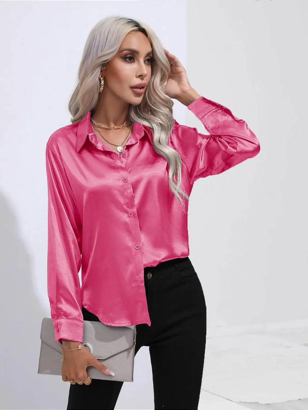 Spring Satin Shirt Women Loose Button Up Blouse Shirt Ladies Imitation Silk Long Sleeve Shirt For Women - ACHETE LTD