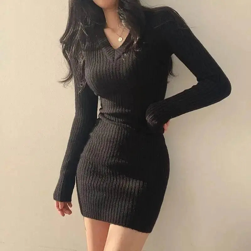 Women Knit Slim Sexy Bodycon Dress V-Neck Long Sleeve Dress Solid Casual Midi Sweater Dress For Women 2024 Autumn Winter - ACHETE LTD