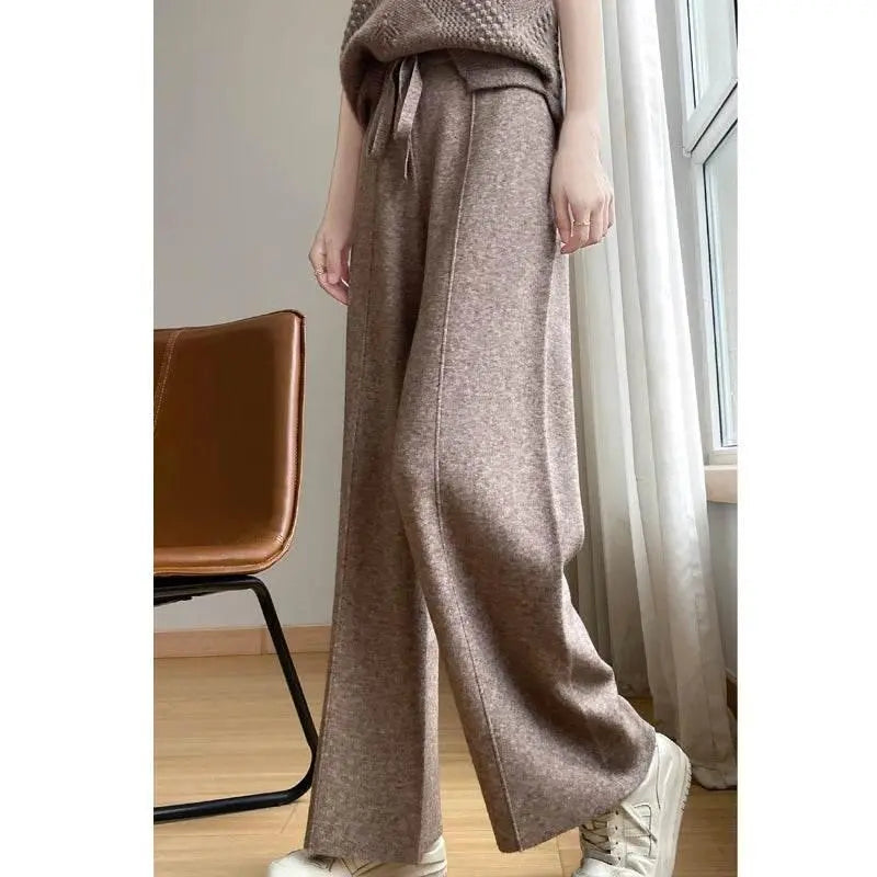 Wide Leg Pants For Women Fashion Leisure Loose High Waist Elastic Solid Color Knitting Trousers Autumn/Winter 2024 New Trousers - ACHETE LTD