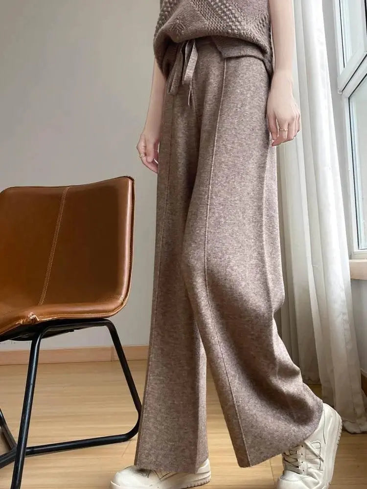 Wide Leg Pants For Women Fashion Leisure Loose High Waist Elastic Solid Color Knitting Trousers Autumn/Winter 2024 New Trousers - ACHETE LTD