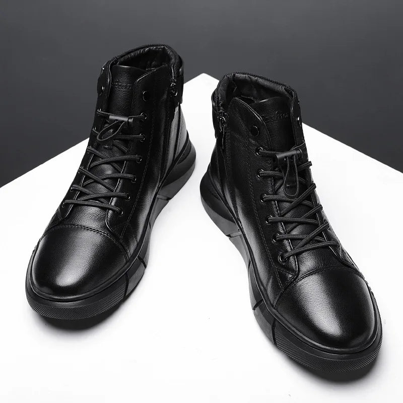 2022 Fashion Men's Ankle Boots - Black PU Leather, Comfortable High-top Casual Shoes with Platform