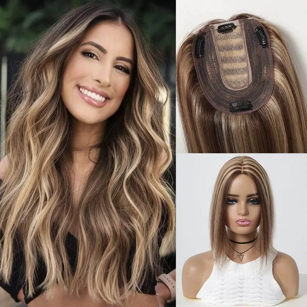 Blonde Piano Human Hair Toppers Silk Base Remy Human Hairpieces 12inch Clips in Straight Human Hair Extensions for White Women - ACHETE LTD