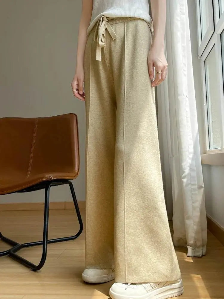 Wide Leg Pants For Women Fashion Leisure Loose High Waist Elastic Solid Color Knitting Trousers Autumn/Winter 2024 New Trousers - ACHETE LTD