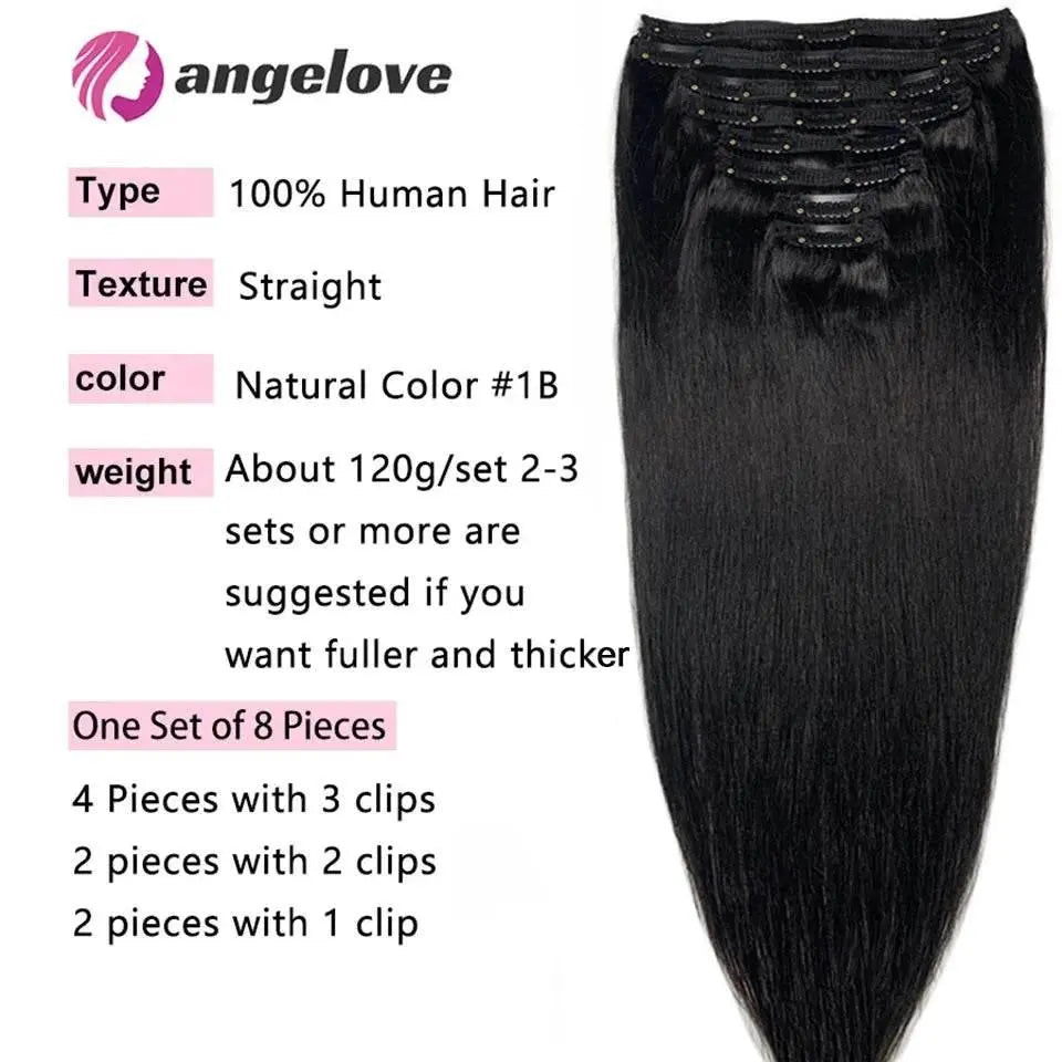 Straight Clip In Hair Extension Human Hair 120g/Set Straight Clip In Extension Full Head Brazilian Clip Hair Extension for Women - ACHETE LTD