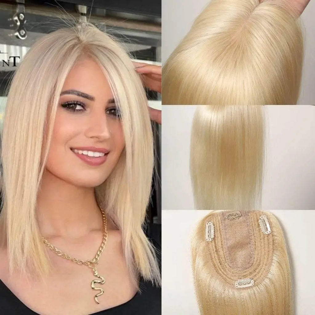 Blonde Piano Human Hair Toppers Silk Base Remy Human Hairpieces 12inch Clips in Straight Human Hair Extensions for White Women - ACHETE LTD