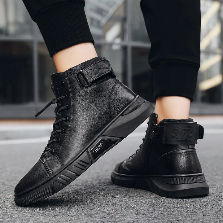 2022 Fashion Men's Ankle Boots - Black PU Leather, Comfortable High-top Casual Shoes with Platform