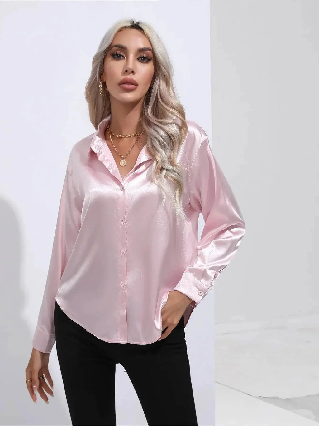 Spring Satin Shirt Women Loose Button Up Blouse Shirt Ladies Imitation Silk Long Sleeve Shirt For Women - ACHETE LTD