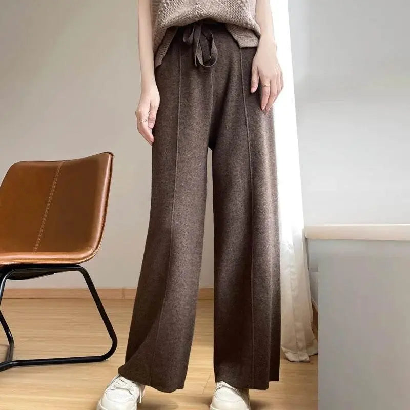 Wide Leg Pants For Women Fashion Leisure Loose High Waist Elastic Solid Color Knitting Trousers Autumn/Winter 2024 New Trousers - ACHETE LTD