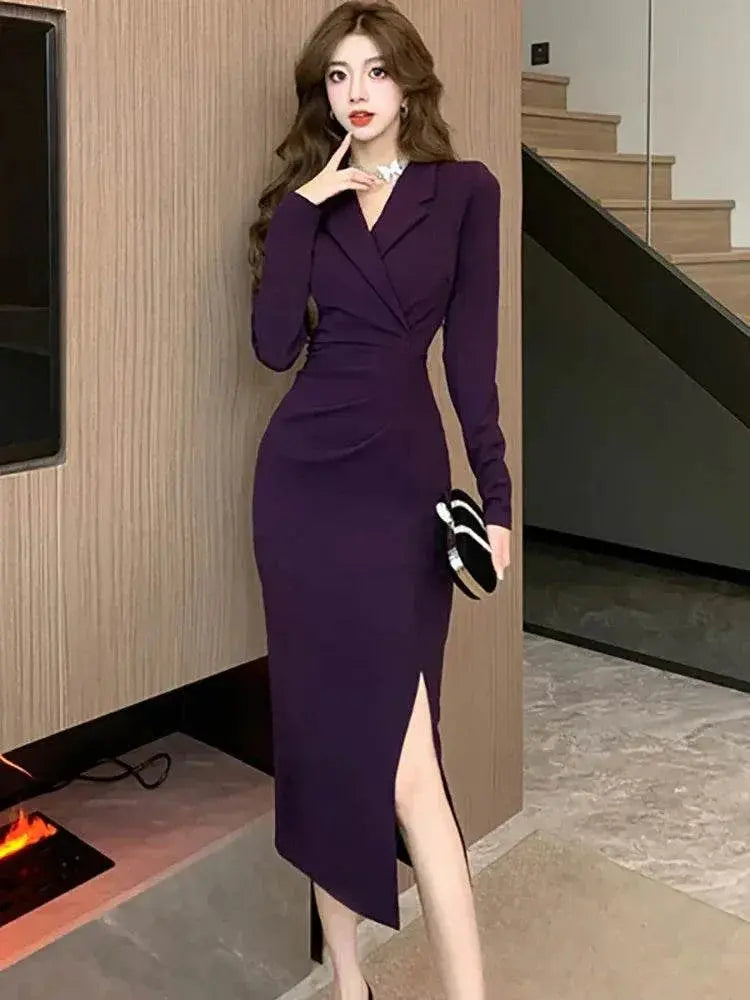 Purpled Elegant Pleated Bodycon Suit Dress for Women 2024 Korean Fashion Formal Dress Autumn Winter Chic Bespoke Occasion Dress - ACHETE LTD