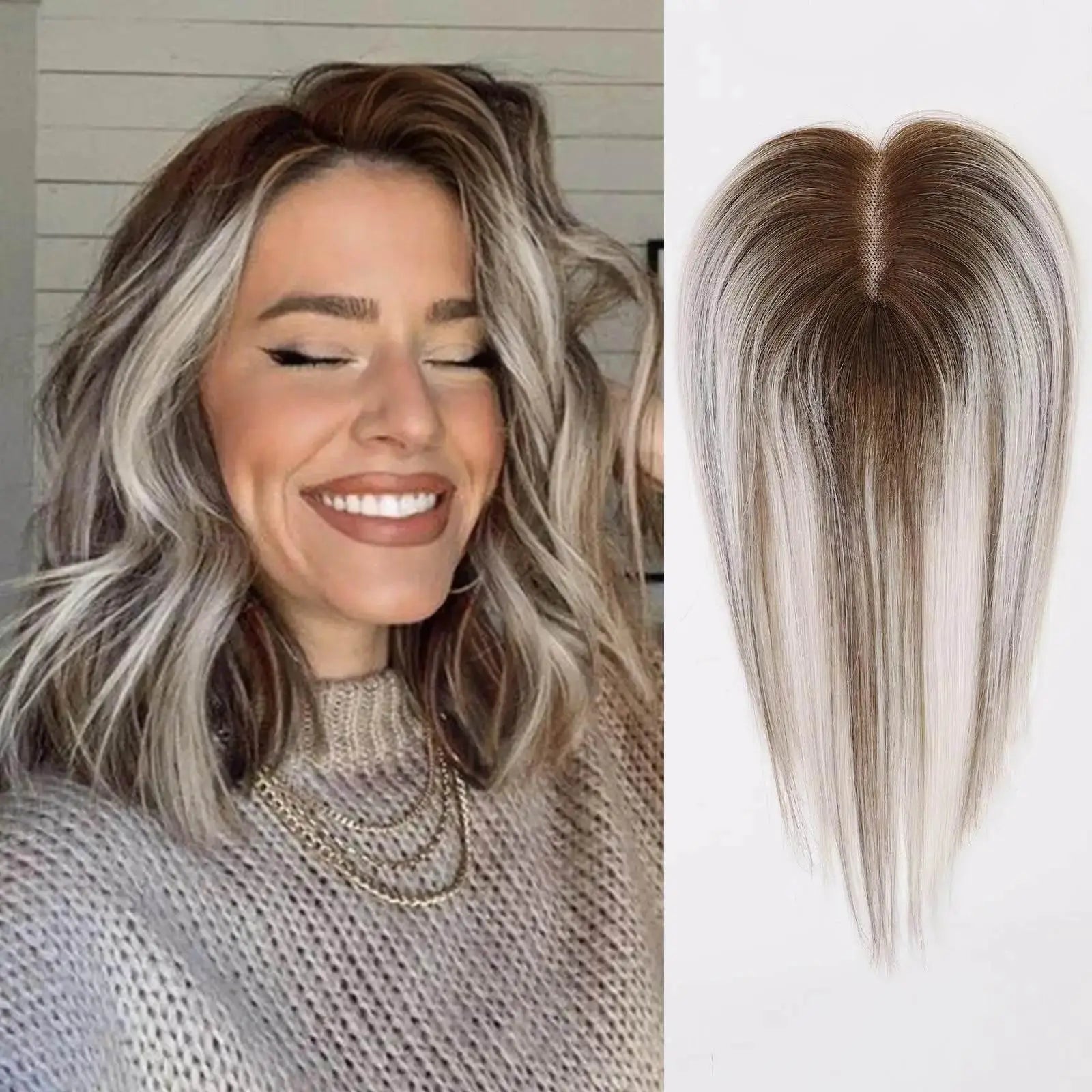 Remy Human Hair Toppers Lace Base Gray White Blonde Mixed Ombre Human Hair Toppers Hairpieces for Women 12inches Hair Extensions - ACHETE LTD
