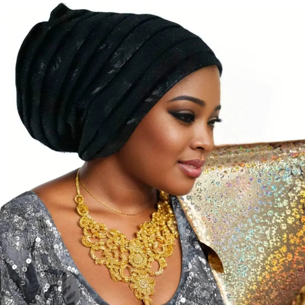 Glitter Full Body Pleated Turban Cap for Women 2025 Lady Head Wraps Muslim Headscarf Hat Turbante Mujer African Headpiece - ACHETE LTD