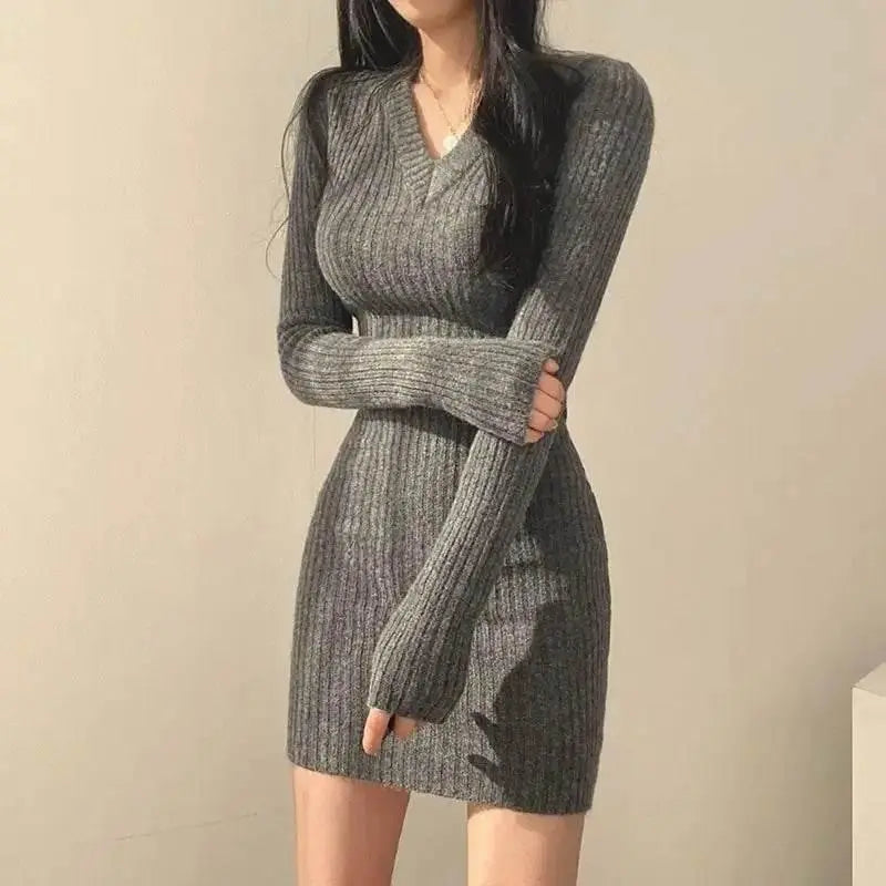 Women Knit Slim Sexy Bodycon Dress V-Neck Long Sleeve Dress Solid Casual Midi Sweater Dress For Women 2024 Autumn Winter - ACHETE LTD