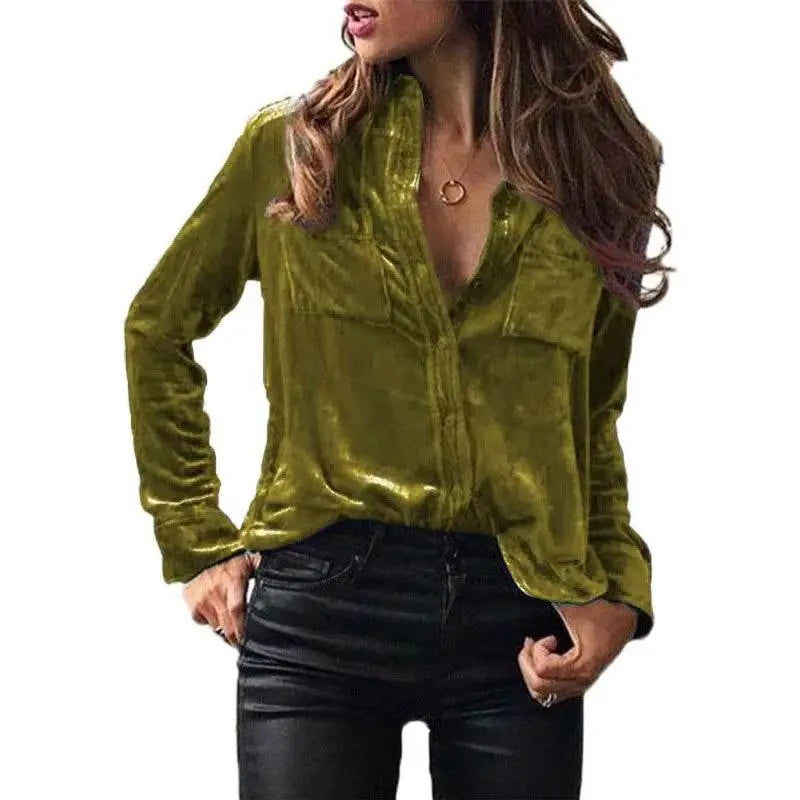 Shirt for Women 2023 Autumn Velvet Shirt Women Button Up Velour Shirt Ladies Pocket Winter Long Sleeve рубашка оверсайз женская - ACHETE LTD