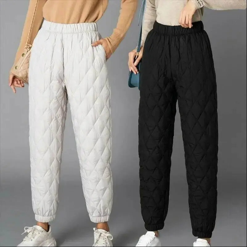 Women Winter Warm Down Cotton Pants Padded Quilted Trousers Elastic Waist Casual Trousers - ACHETE LTD