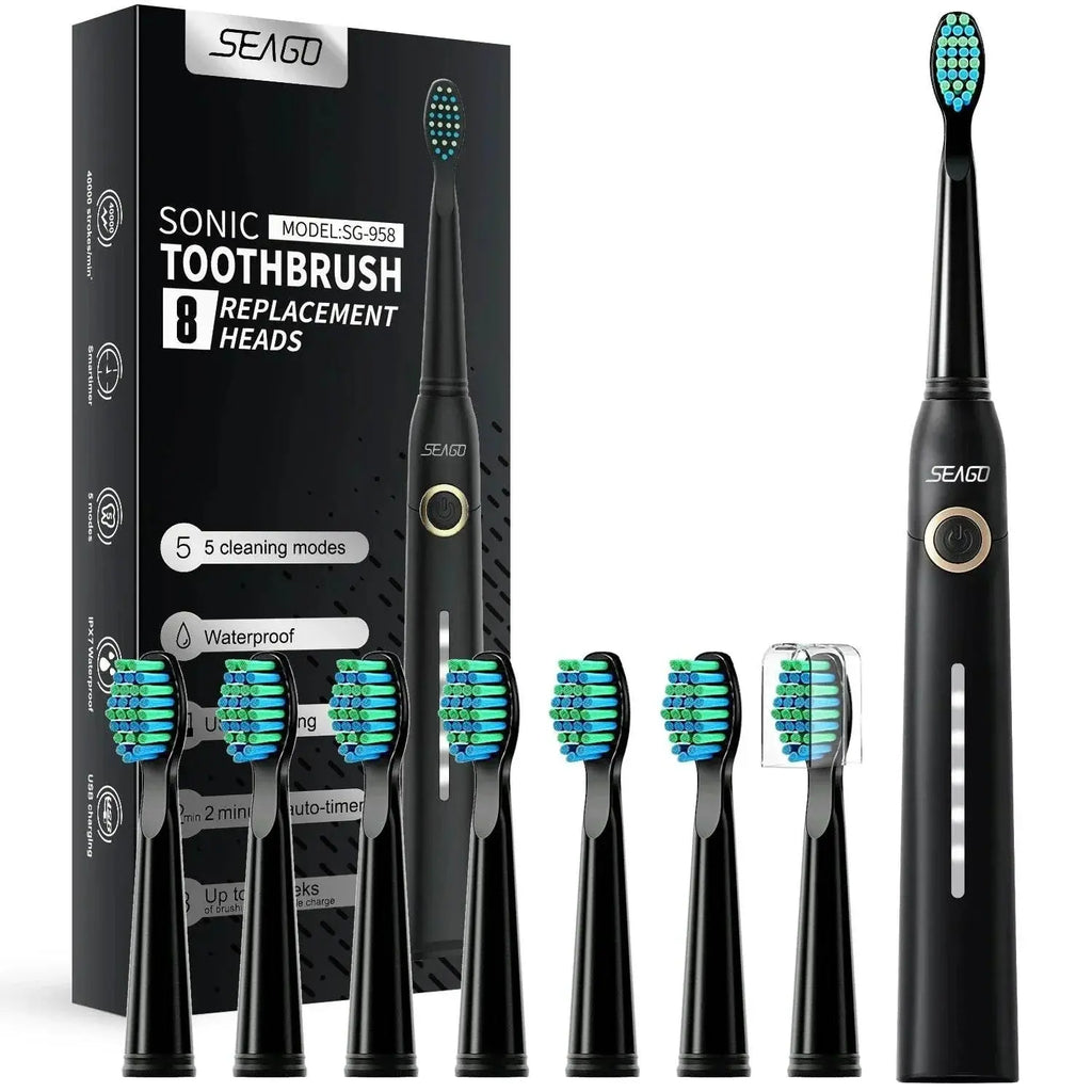 SEAGO Couple Rechargeable Electric Toothbrush Sonic Tooth Brush Travel Box Ultrasonic Replace 8 Brush Heads - ACHETE LTD