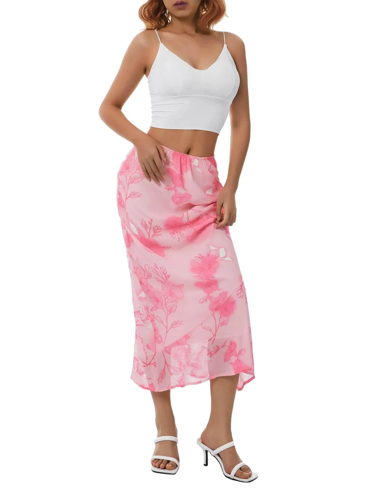Women Retro Floral Print Skirts Bohemian Elastic Waist Straight Long Skirts Fairy Grunge Holiday Skirts - ACHETE LTD