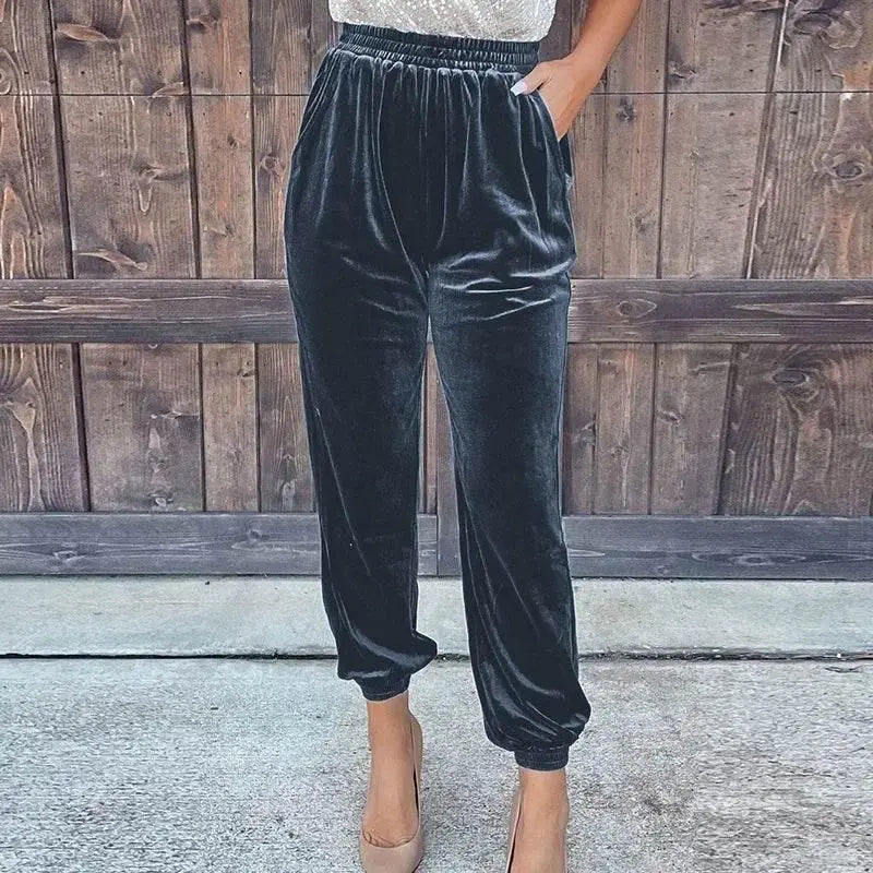 Fashionable Elegant Red Velvet Pants For Women Autumn Winter Elastic High Waist Casual Shorts Women Fashion Solid Loose Trousers - ACHETE LTD