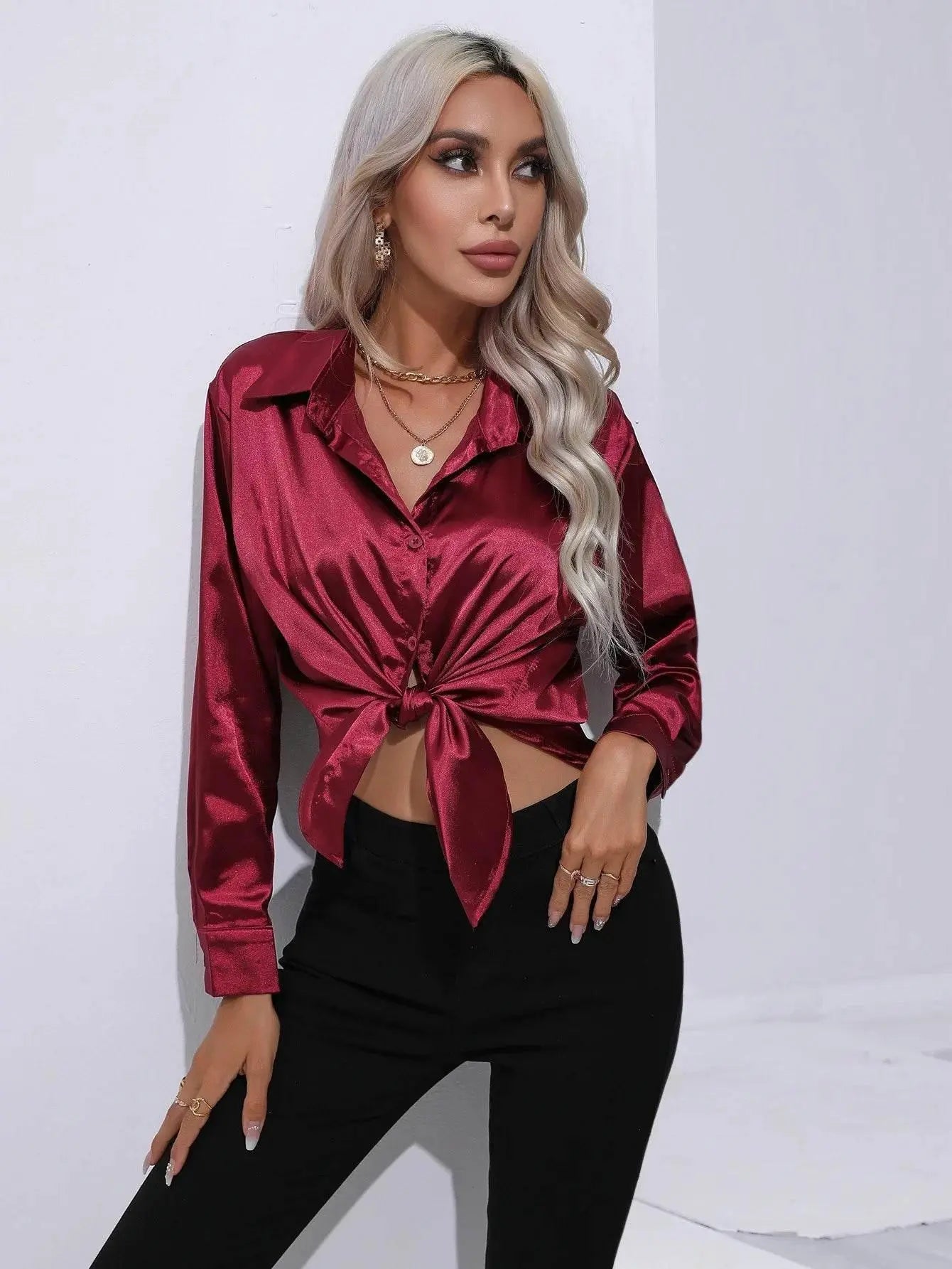 Spring Satin Shirt Women Loose Button Up Blouse Shirt Ladies Imitation Silk Long Sleeve Shirt For Women - ACHETE LTD