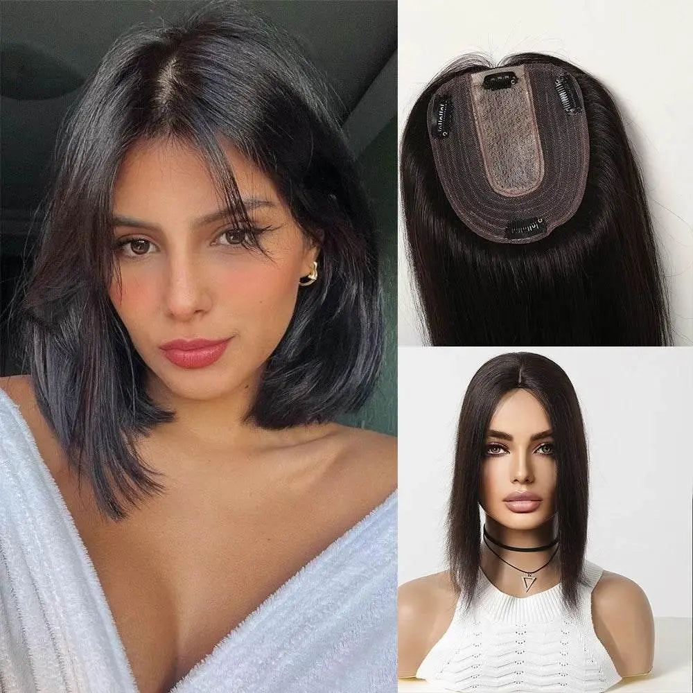 Blonde Piano Human Hair Toppers Silk Base Remy Human Hairpieces 12inch Clips in Straight Human Hair Extensions for White Women - ACHETE LTD