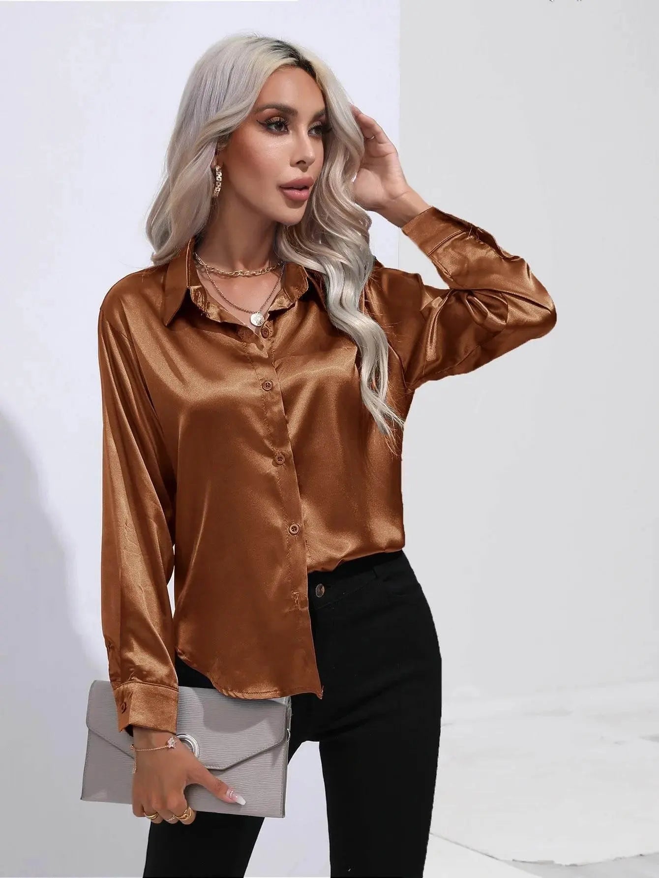 Spring Satin Shirt Women Loose Button Up Blouse Shirt Ladies Imitation Silk Long Sleeve Shirt For Women - ACHETE LTD