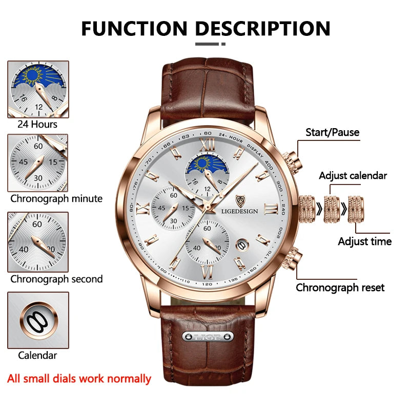 LIGE Men Watch Luxury Leather Waterproof Sport Quartz Wristwatch Chronograph Military Watch for Men Relogio Masculino Men‘s Gift