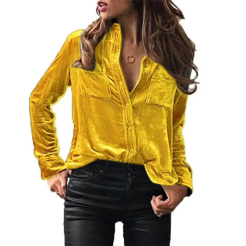 Shirt for Women 2023 Autumn Velvet Shirt Women Button Up Velour Shirt Ladies Pocket Winter Long Sleeve рубашка оверсайз женская - ACHETE LTD