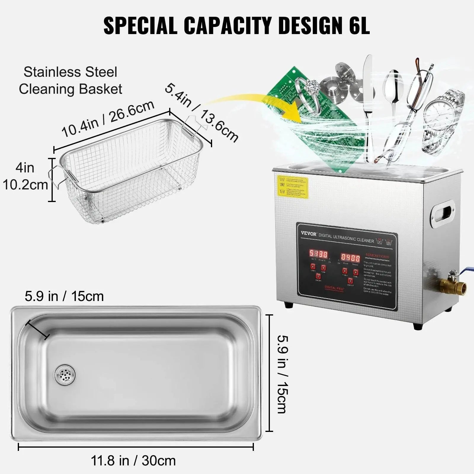 VEVOR Ultrasonic Cleaner w/ Digital Timer & Heater,Professional Ultra Sonic Jewelry Cleaner,Stainless Steel Heated Clean Machine - ACHETE LTD