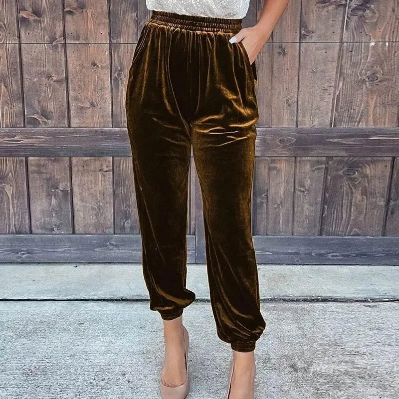 Fashionable Elegant Red Velvet Pants For Women Autumn Winter Elastic High Waist Casual Shorts Women Fashion Solid Loose Trousers - ACHETE LTD