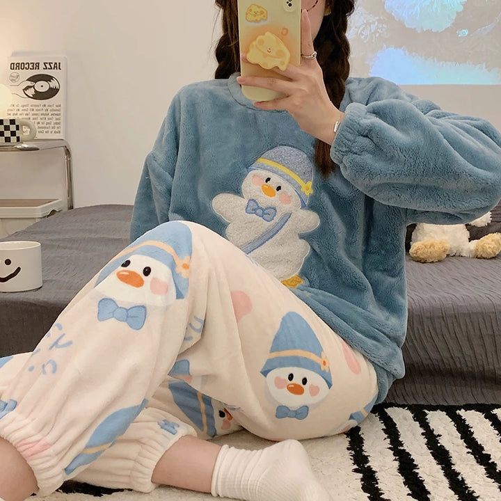 Autumn Winter Warm Flannel Women's Pajamas Set Long-sleeved Trousers Two-piece Set Cute Soft Home Wear Clothes for Women