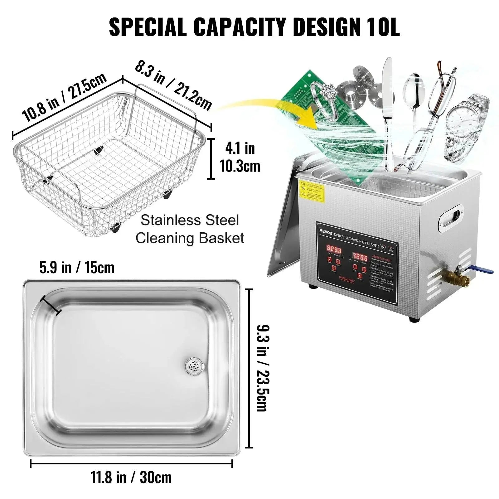 VEVOR Ultrasonic Cleaner w/ Digital Timer & Heater,Professional Ultra Sonic Jewelry Cleaner,Stainless Steel Heated Clean Machine - ACHETE LTD