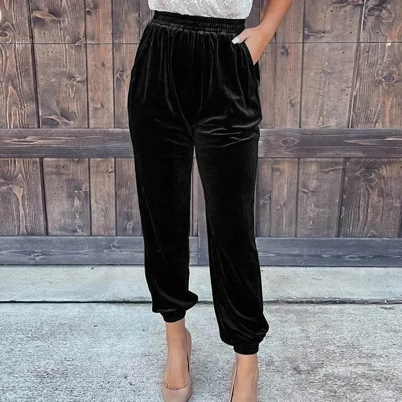 Fashionable Elegant Red Velvet Pants For Women Autumn Winter Elastic High Waist Casual Shorts Women Fashion Solid Loose Trousers - ACHETE LTD