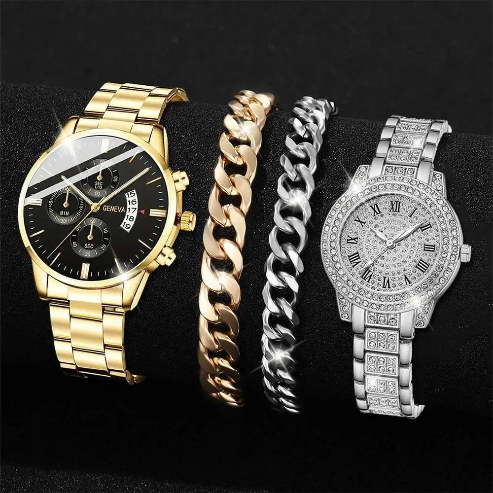 4 Pcs Casual And Fashionable Couple Watches Quartz Watches Women's Watches Matched With Couple Necklace Set - ACHETE LTD