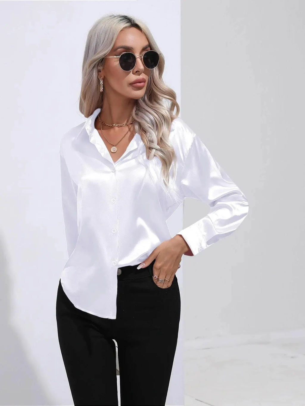 Spring Satin Shirt Women Loose Button Up Blouse Shirt Ladies Imitation Silk Long Sleeve Shirt For Women - ACHETE LTD
